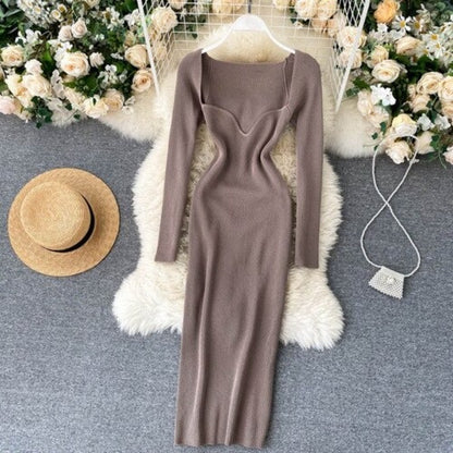 Elegant Low Neck Long Sleeve Dress For Women Gray One Size