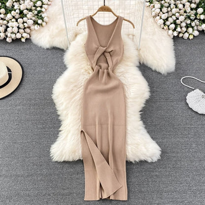 Casual Split Knitted Hollow Sleeveless Dress For Women Khaki One Size