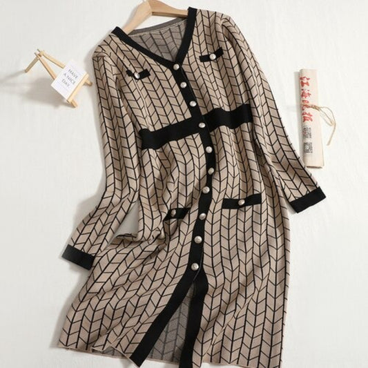 Mid-Length V-Neck Plaid Knitted Split Dress