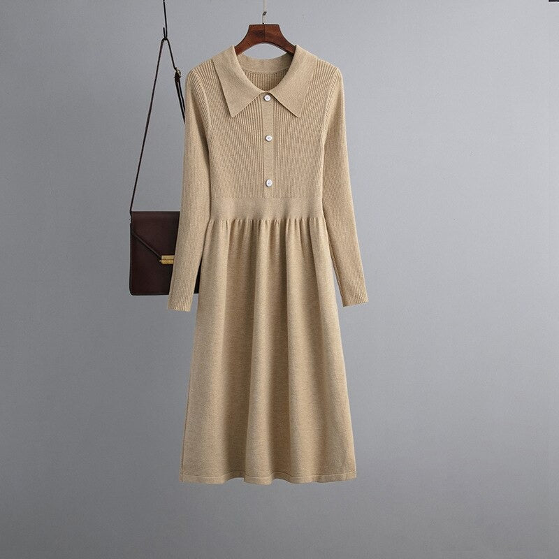 Long Pleated V-Neck A-Line Knitted Sweater Dress