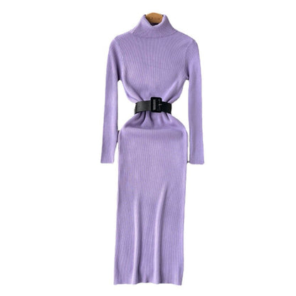 Women's Turtleneck A-Line Knitted Bodycon Dress With Belt