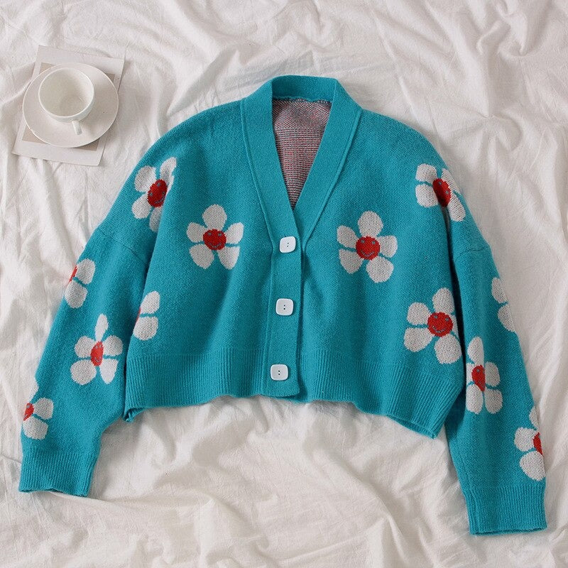 V-Neck Knitwear Loose Floral Knitted Sweater Cardigan