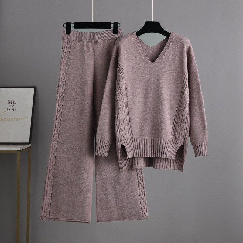 Loose Sweater And Knitted Wide Leg Pants For Women