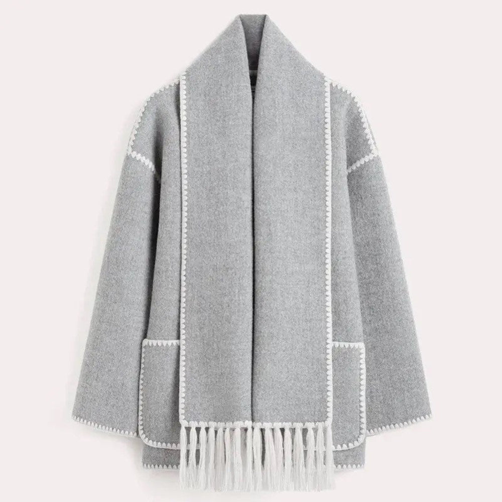 Contrast-trim Scarf Wool Jacket Gray