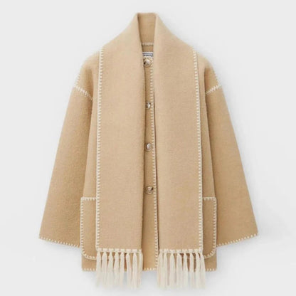 Contrast-trim Scarf Wool Jacket Beige