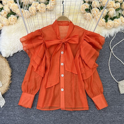 Retro Bow Collar Ruffles Blouses Shirt For Women Orange One Size