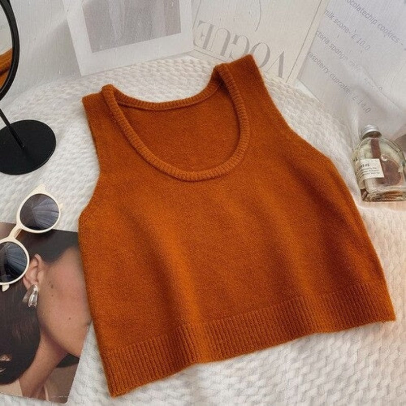 Solid Sleeveless Short Knitted Pullover Sweater Vest