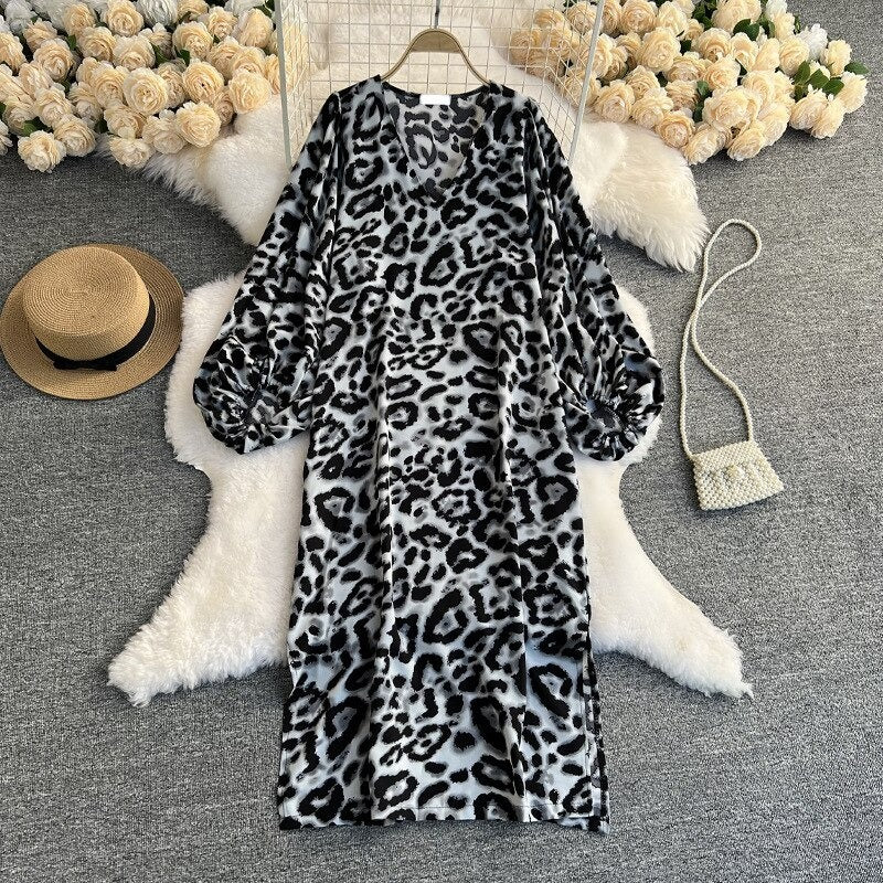 Leopard Print V-Neck Straight Dress For Women