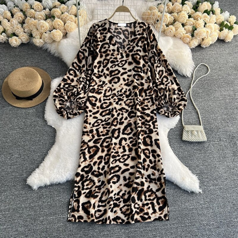 Leopard Print V-Neck Straight Dress For Women