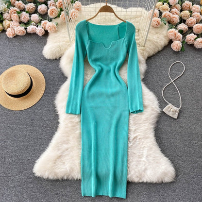 Elegant Low Neck Long Sleeve Dress For Women Cyan One Size