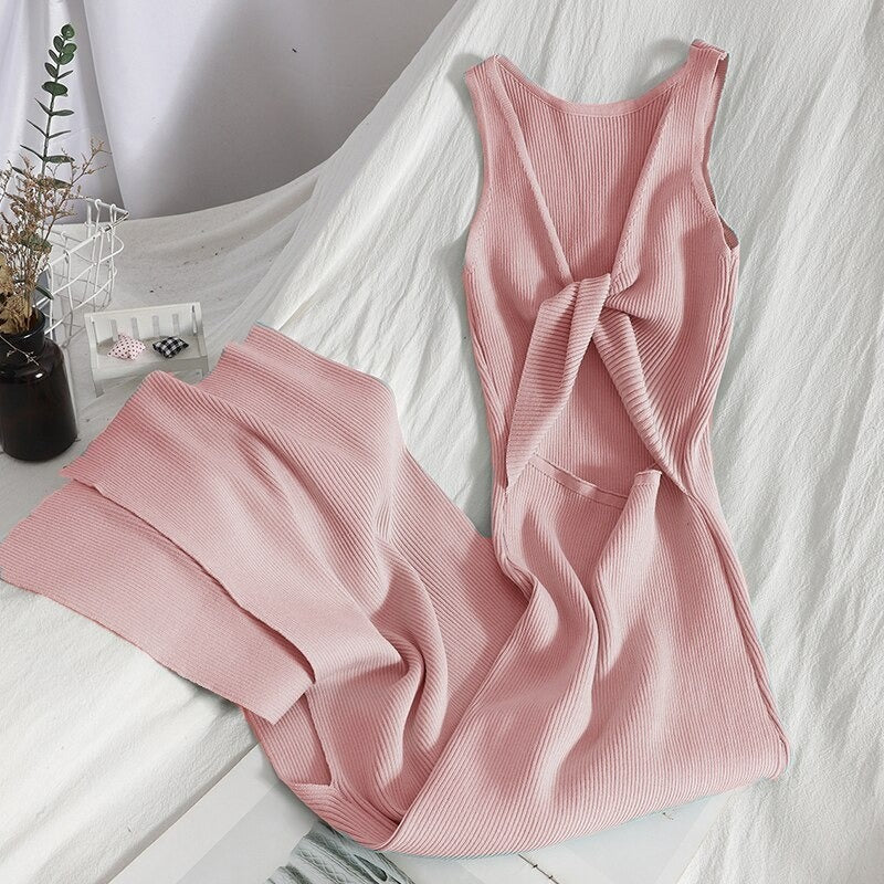 Casual Split Knitted Hollow Sleeveless Dress For Women Pink One Size