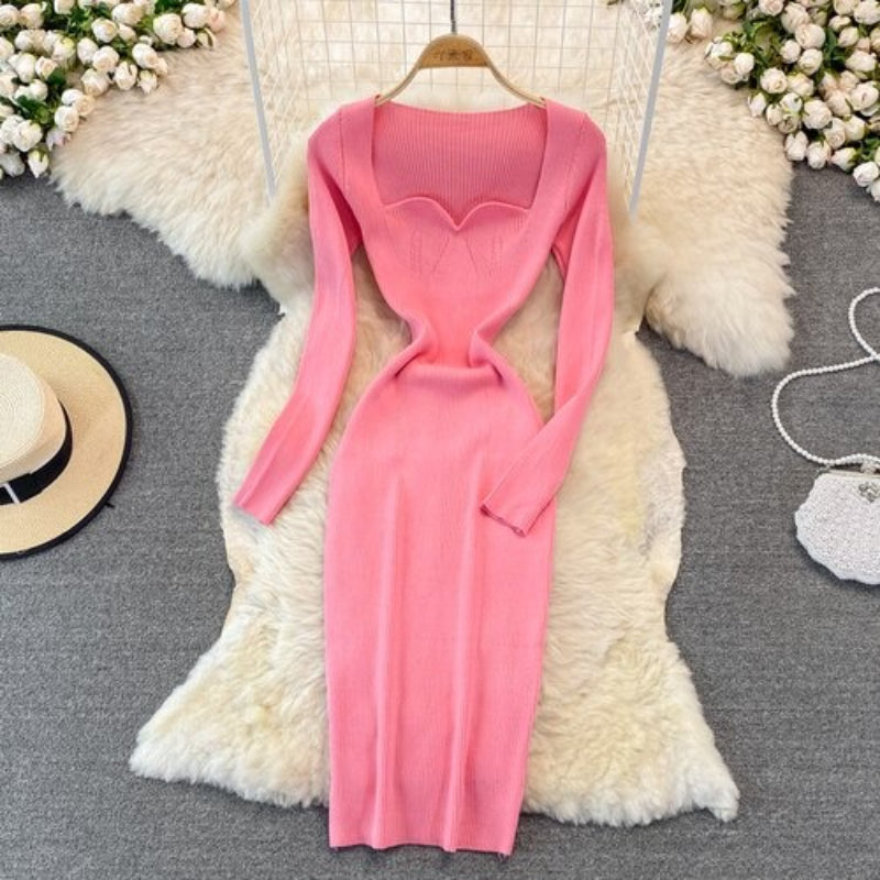 Women's Low-Neck Leaky Tight Stretch Knitted Dress Pink One Size