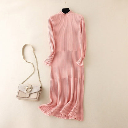Pleated Mock Neck Knitted Sweater Dress