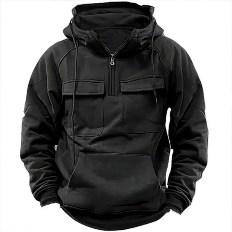 Plain Patterned Hooded Sweatshirt Black