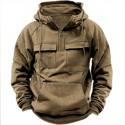 Plain Patterned Hooded Sweatshirt Khaki