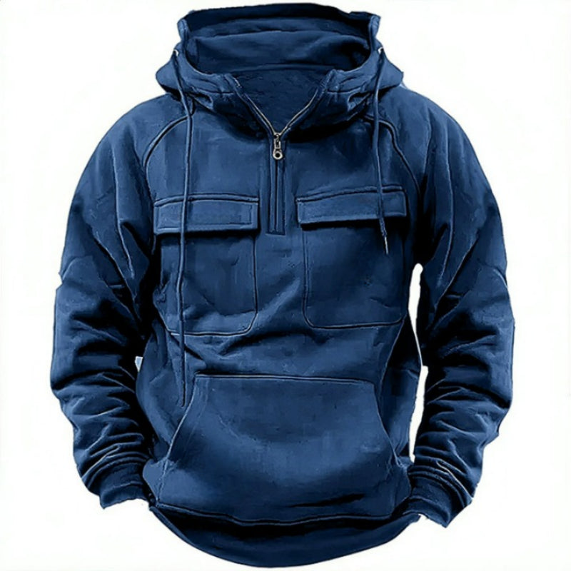 Plain Patterned Hooded Sweatshirt Blue