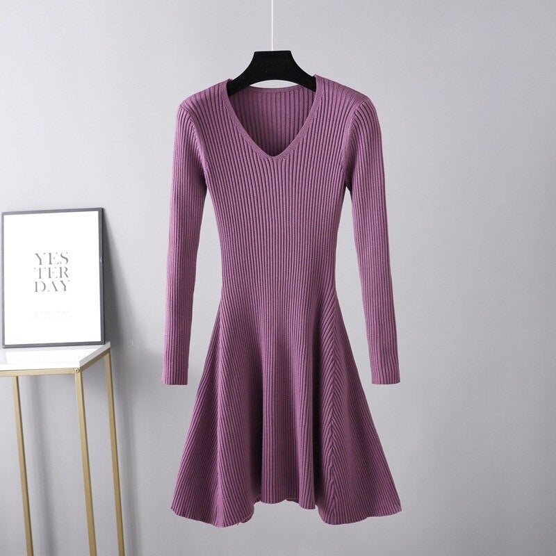 Autumn Oversize V-Neck Knitted Sweater Dress For Women