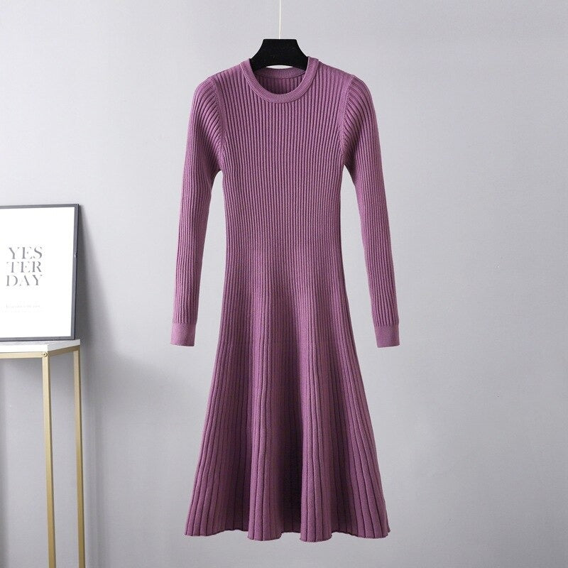 O-Neck Slim Long Knitted Maxi Sweater Dress