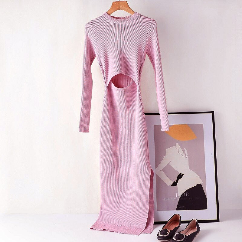 Hollow Out Knitted Long Sleeved Slim Dress