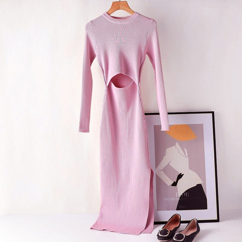 Hollow Out Knitted Long Sleeved Slim Dress Pink One Size