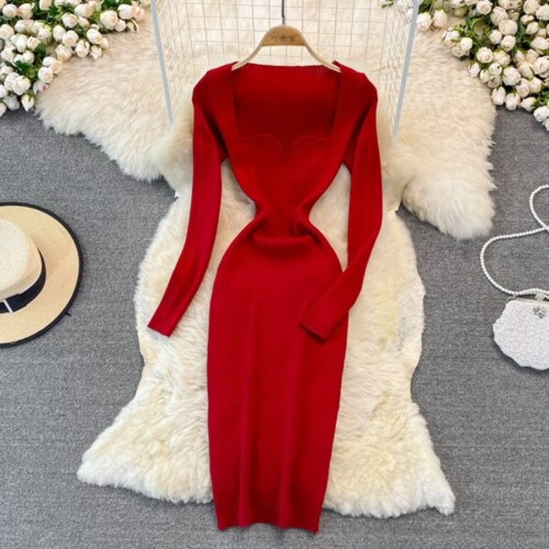 Women's Low-Neck Leaky Tight Stretch Knitted Dress Red One Size