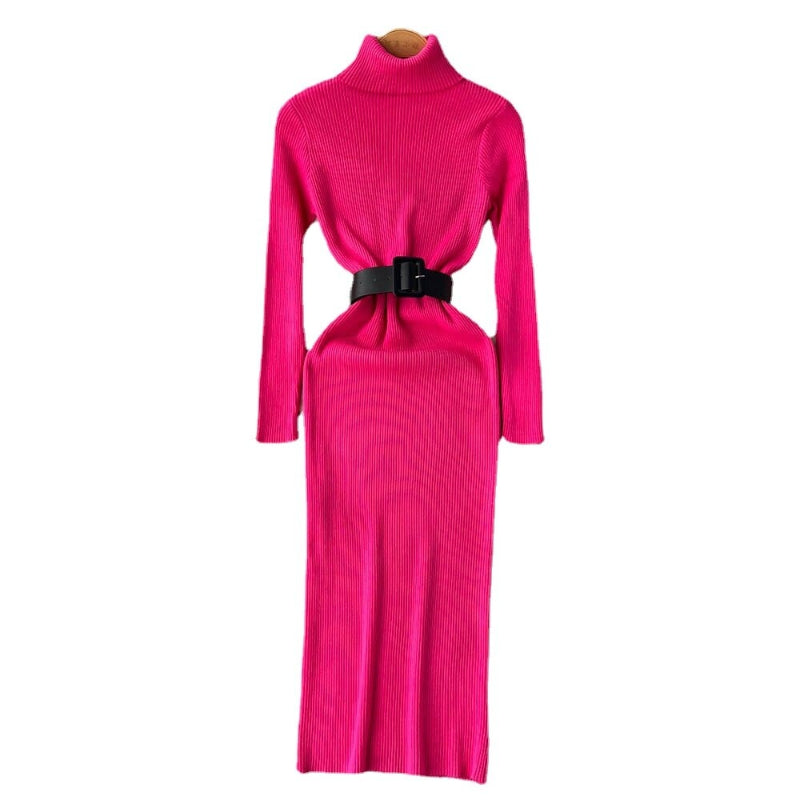 Women's Turtleneck A-Line Knitted Bodycon Dress With Belt