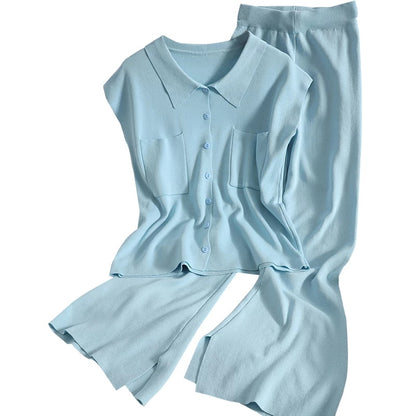 Women's Solid Knit Lapel Buttoned Sleeveless Set