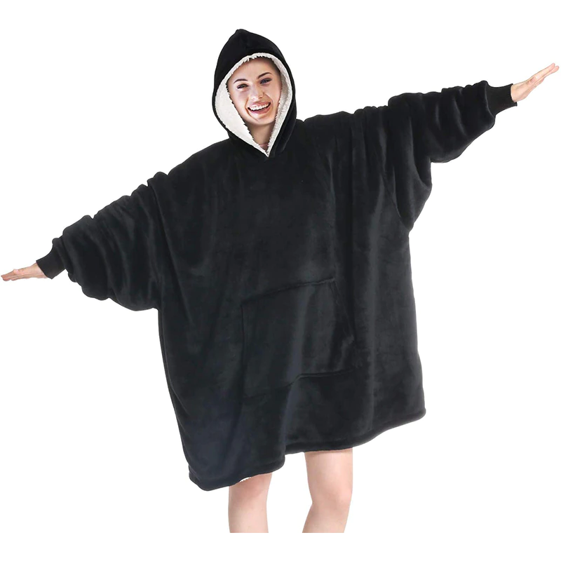 Black Sherpa Fleece Blanket Hoodie