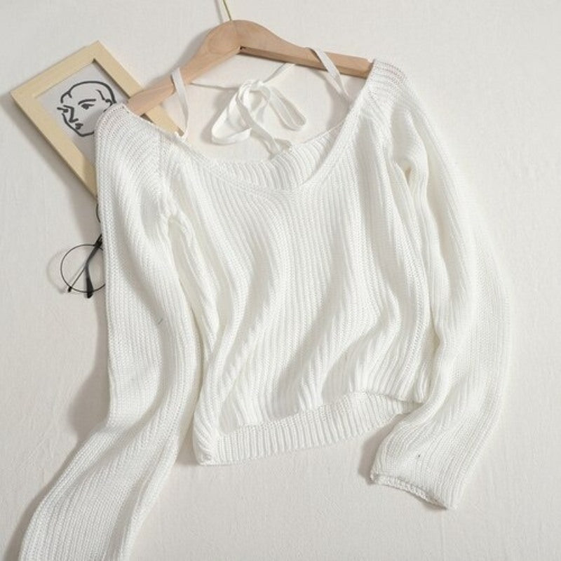 V-neck Long-Sleeved Knitted Crop T-Shirts For Women