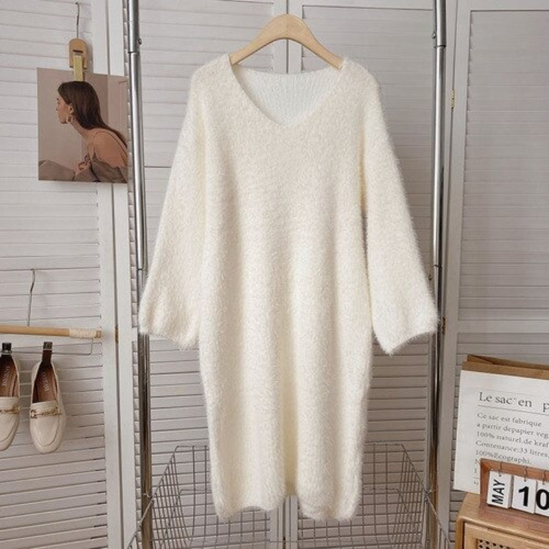 Long Sleeve Warm Soft Dresses For Women White One Size