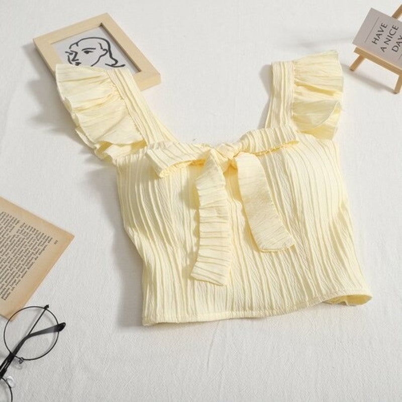 Ruffled Sleeveless Bow Tie Camisole Tops For Women Yellow One Size