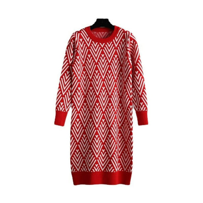 Multicolor Printed O Neck Knit Sweater Dress For Women