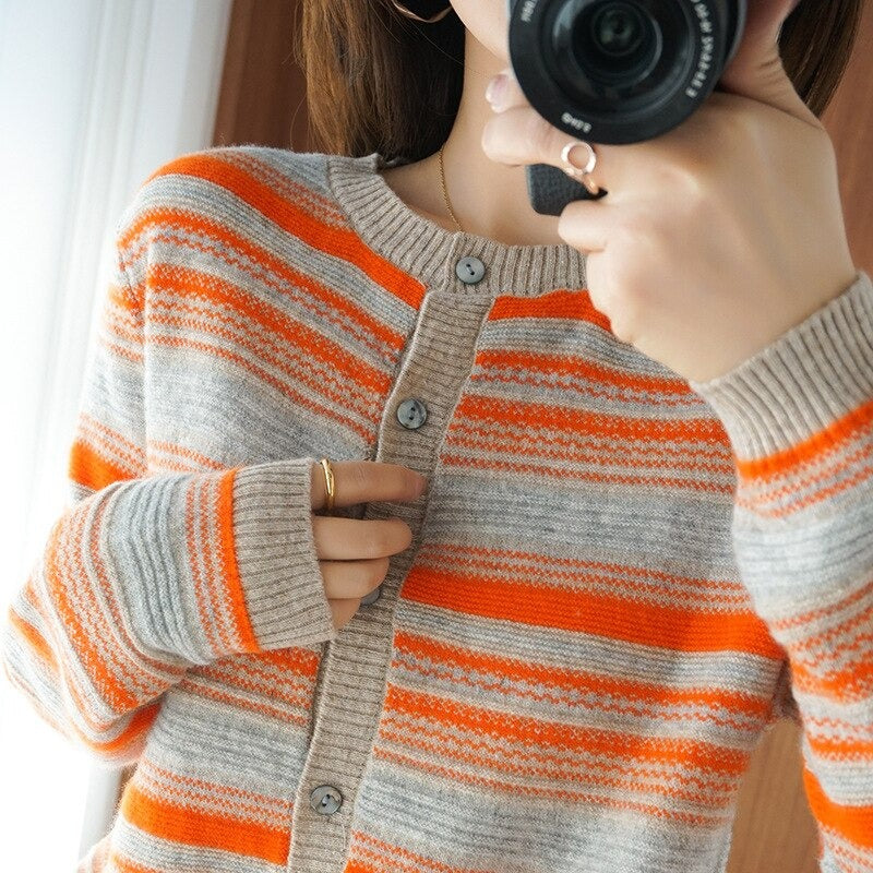 O-Neck Cashmere Knitted Striped Cardigan For Women