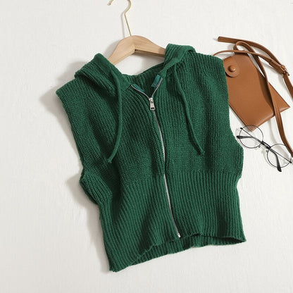 Loose Knitted Hooded Zipper Sweater Vest For Women