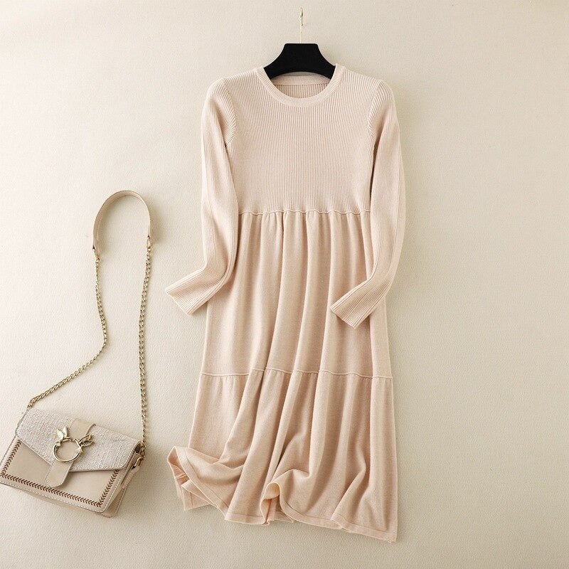 Winter Long Sweater Dress For Women Beige One Size