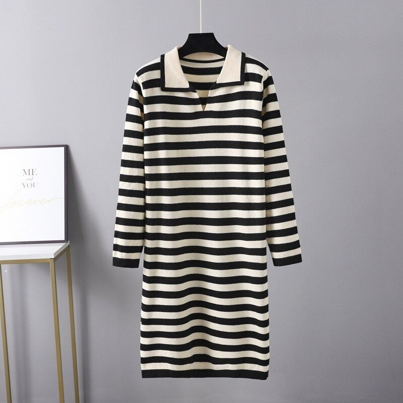 Women's V-Neck Loose Striped Knitted Sweater Dress