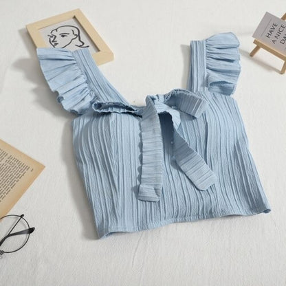 Ruffled Sleeveless Bow Tie Camisole Tops For Women Blue One Size