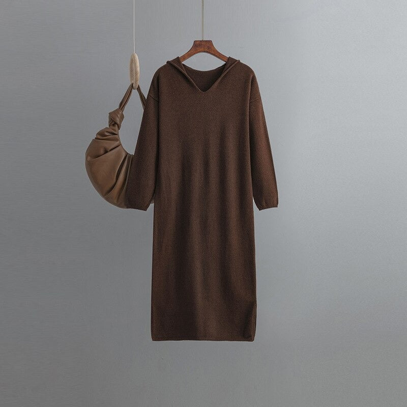 Casual Hooded Long Sweater Dress For Women Coffee One Size