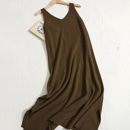 Warm V-Neck Knitted Long Sweater Dress Brown One Size