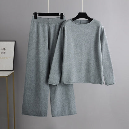 Solid Soft Knitted Wide-Leg Pants Set