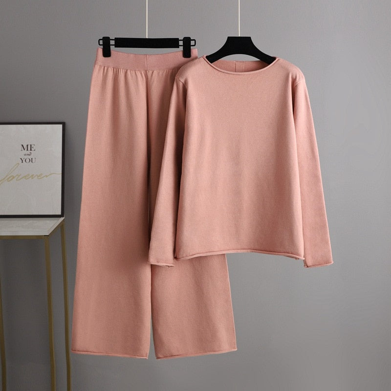 Solid Soft Knitted Wide-Leg Pants Set