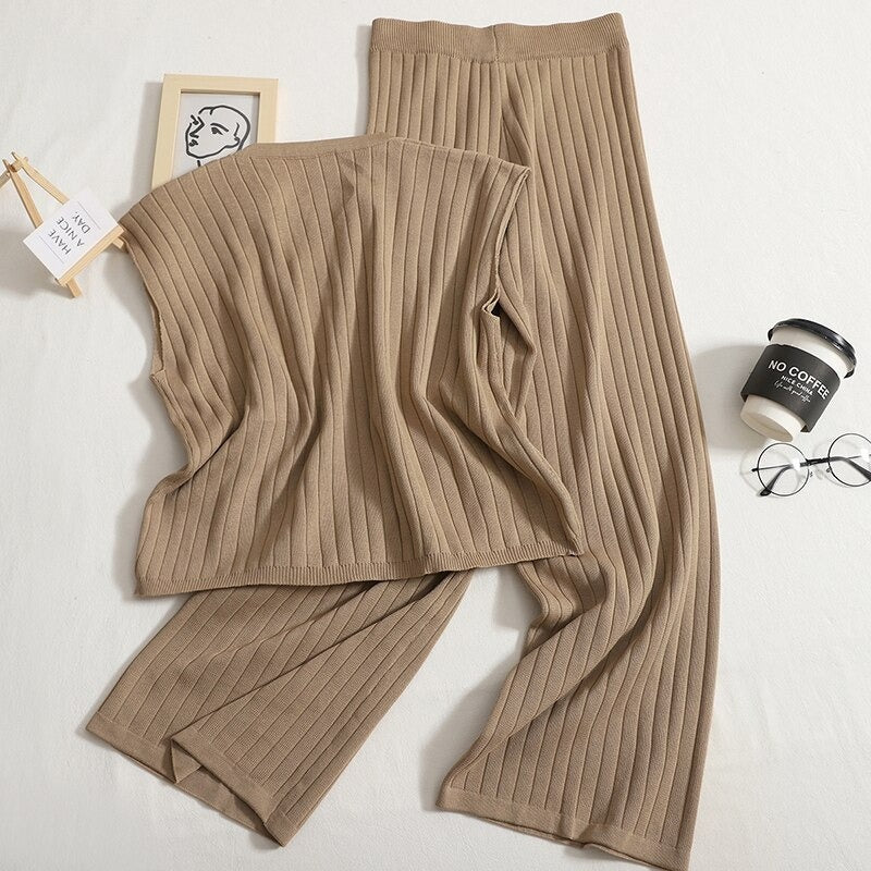 Casual Solid Color Sleeveless Vest And High Waist Leg Pants Set