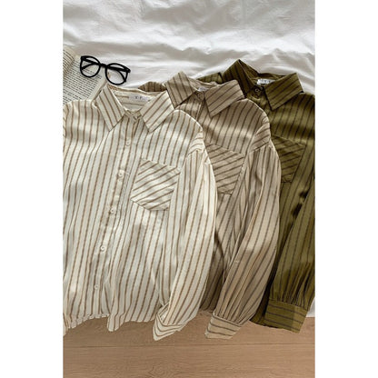 Korean Vertical Striped Long-Sleeved Shirt For Women