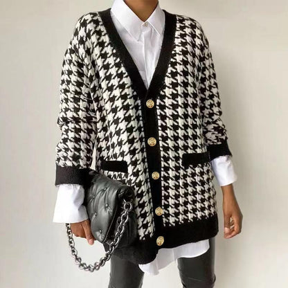 Elegant Houndstooth Knit Oversized Cardigan For Women