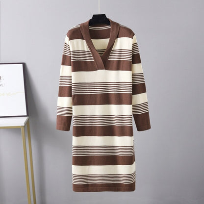 Knitted Stripe Long Sleeve Sweater Dress For Women