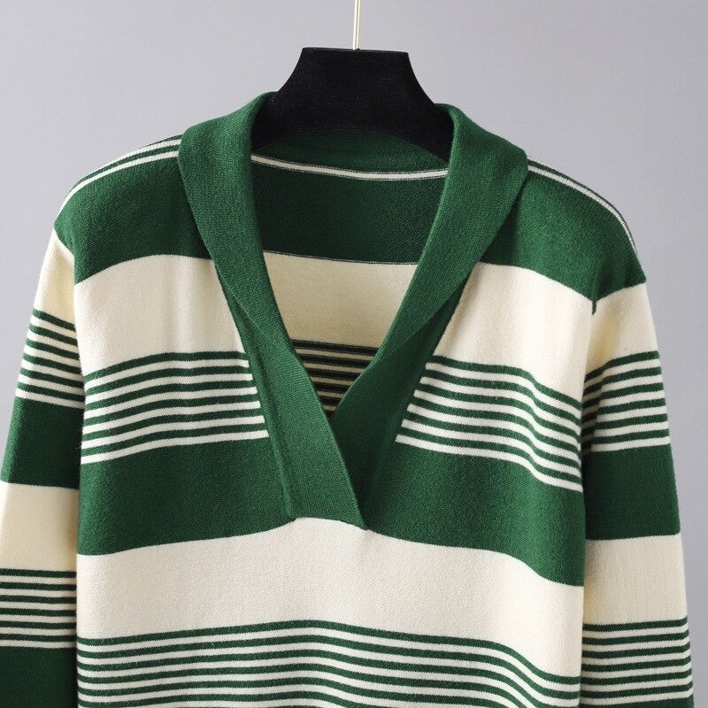Knitted Stripe Long Sleeve Sweater Dress For Women