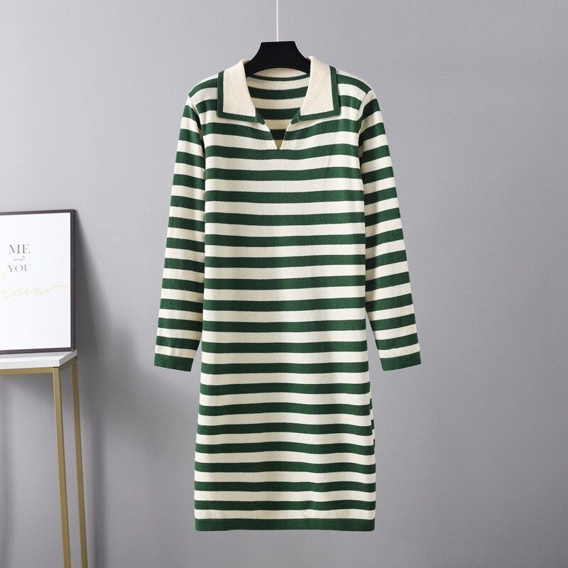 Women's V-Neck Loose Striped Knitted Sweater Dress