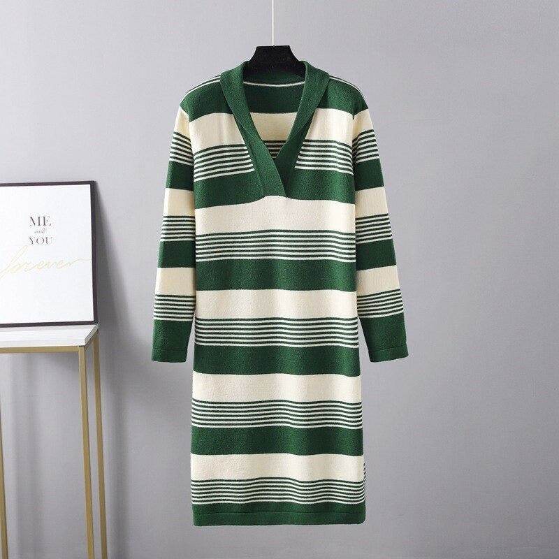 V-Neck Loose Striped Knitted Warm Sweater Dress For Women