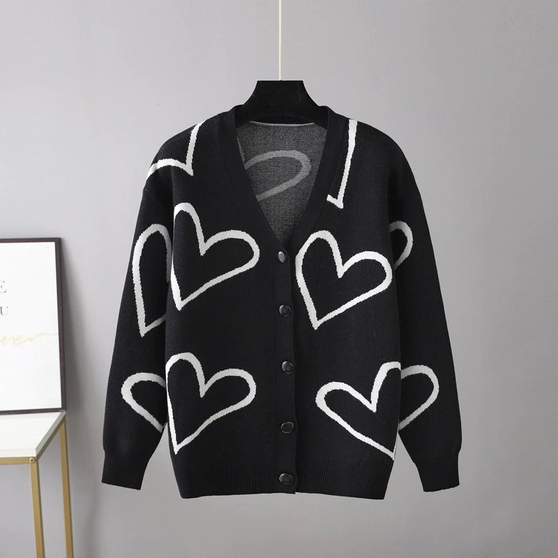 Heart Pattern Knit Oversized Drop Shoulder Cardigan