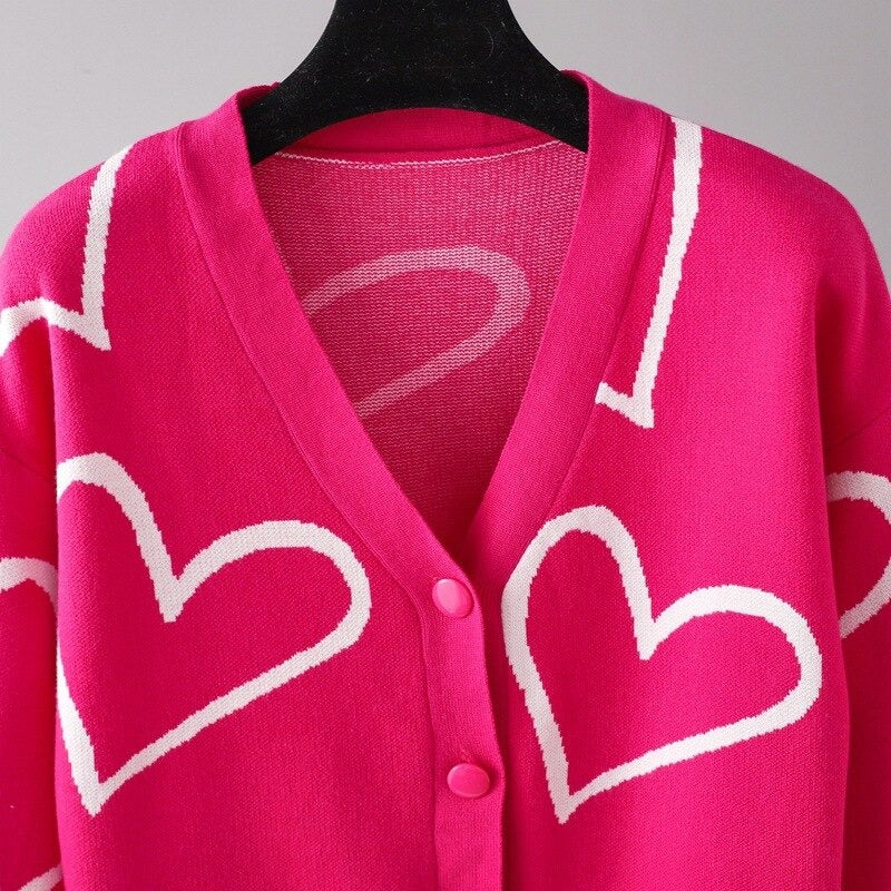 Heart Pattern Knit Oversized Drop Shoulder Cardigan